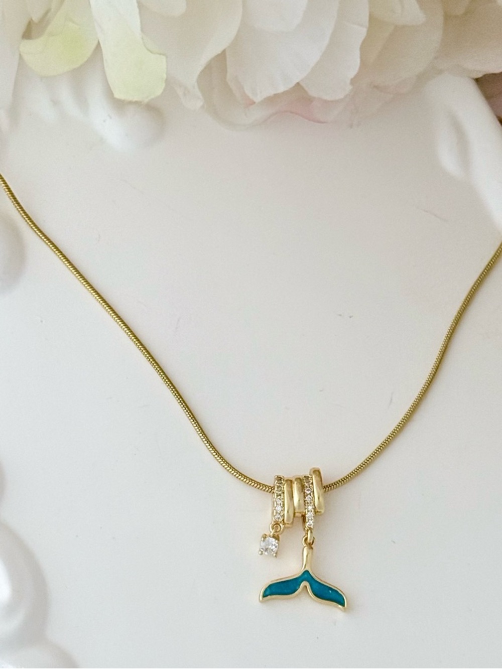 14K Gold Plated Whale Tail Necklace with Blue Enamel & Sparkling Zircon Charms - Picture 5 of 11